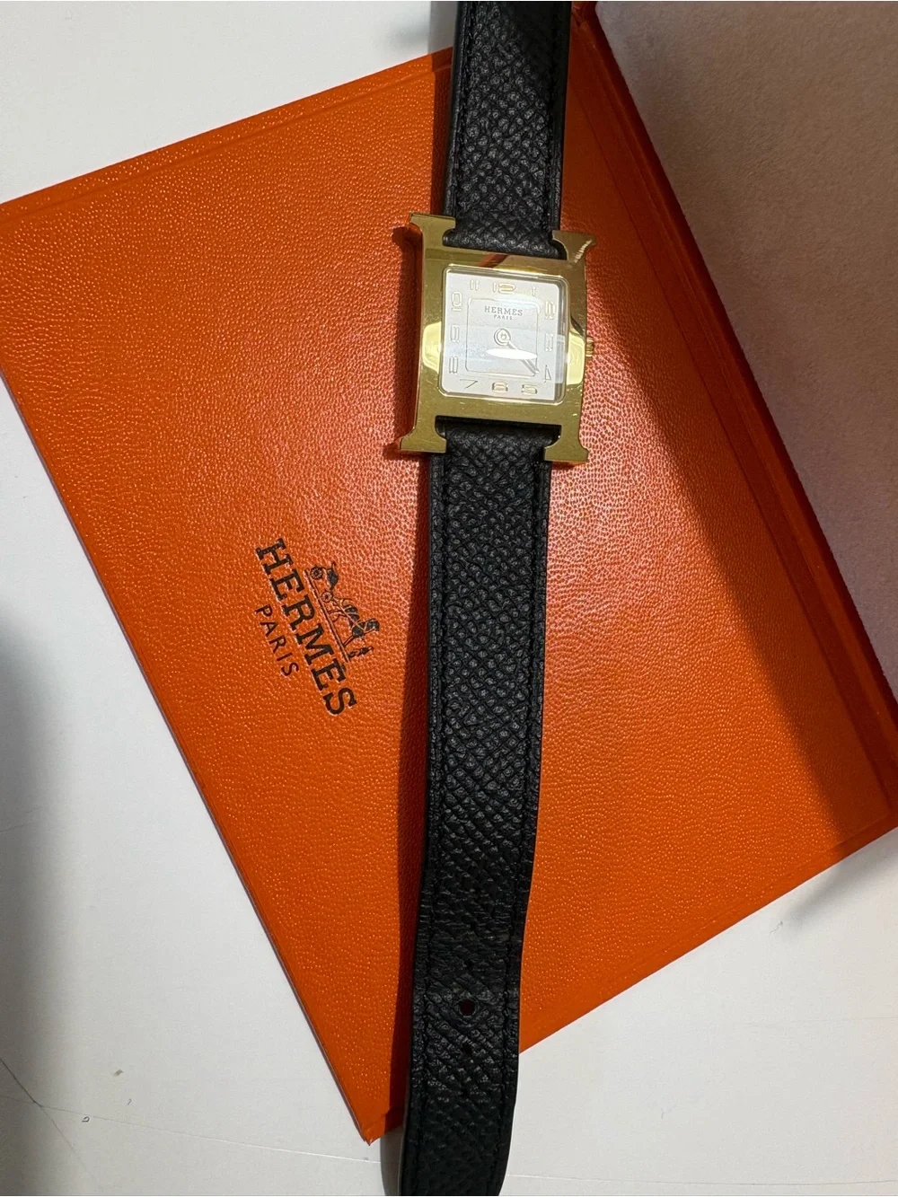 Hermès Huere H, Small Model, Gold Watch with Black Leather Strap